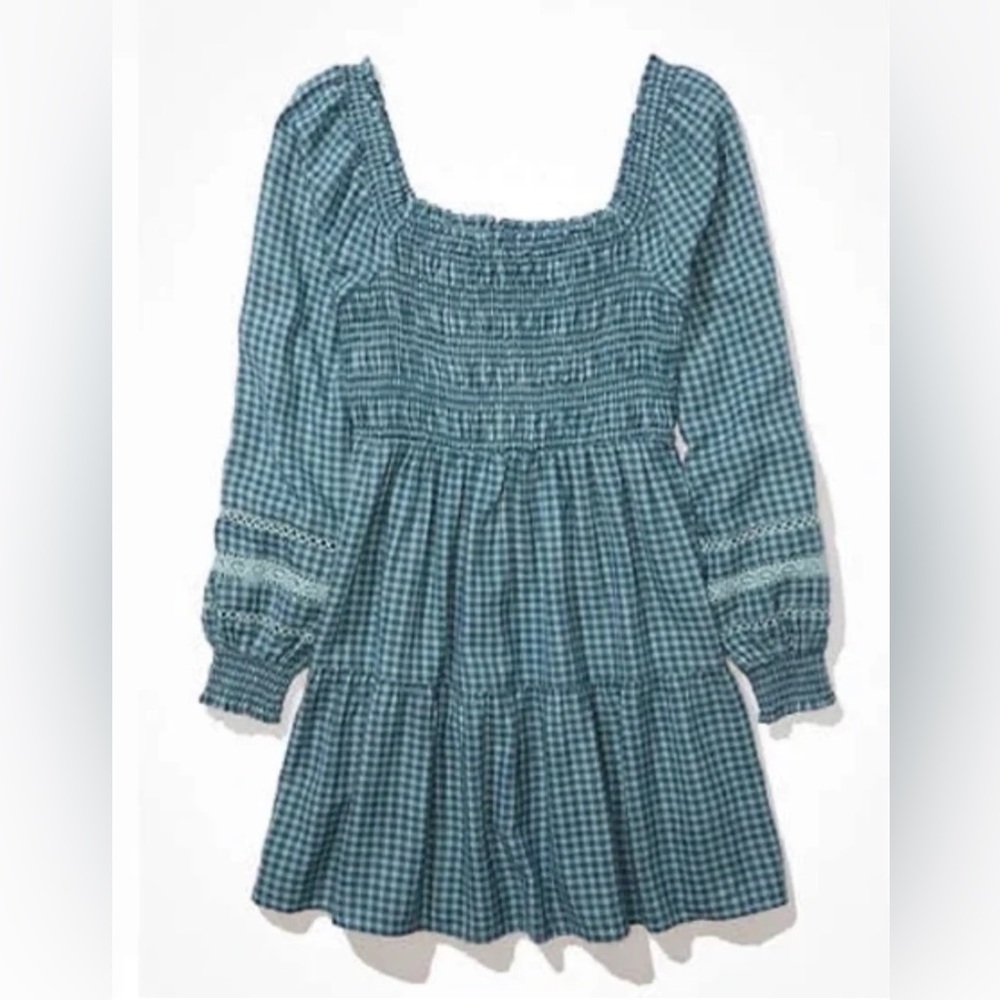 NWT American Eagle long-sleeve cotton plaid smocked mini dress gingham print